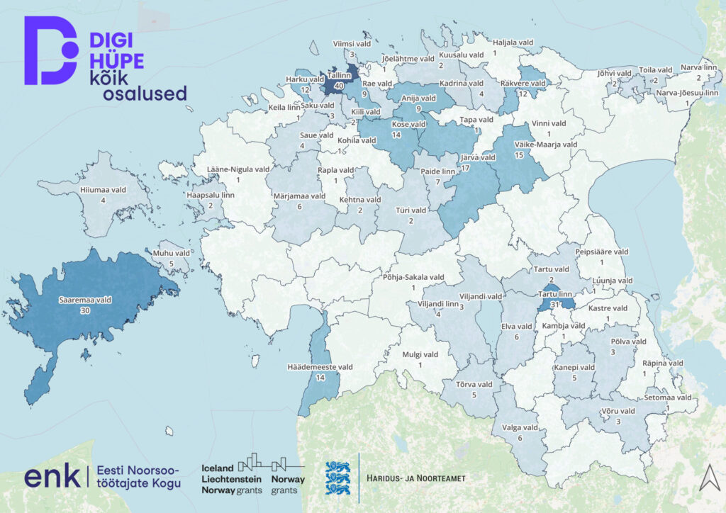 Projekti "Noortevaldkonna digihüpe" kõigi koolitustegevuste osalus KOVide lõikes